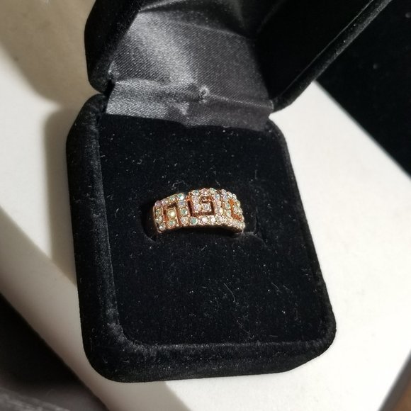 Rose Gold Plated Greek Key Ring Sparkle Sw New Old Stock - Picture 1 of 9